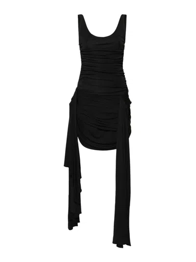 Mugler Draped Mini Dress With Side Trains In Black