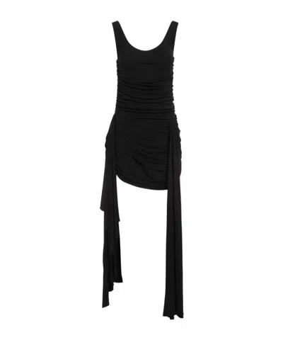 Mugler Draped Mini Dress With Side Trains In Black