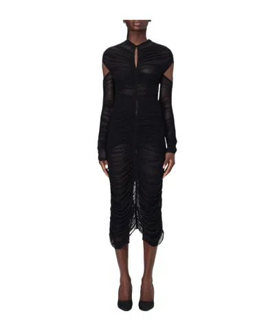 Mugler Draped Semi-sheer Mesh Dress In Black