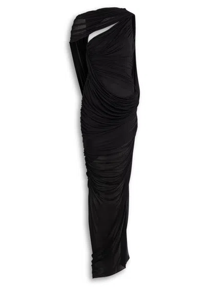 Mugler Draped Sheer Mesh Gown In Black