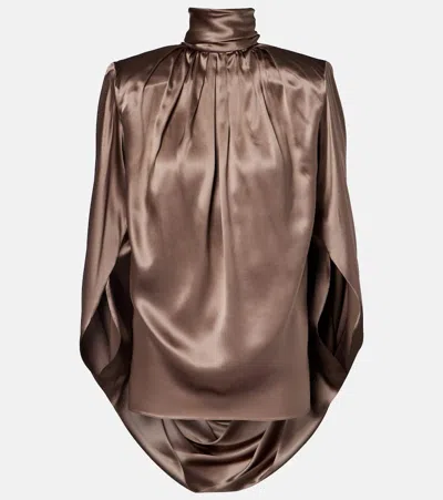 Mugler Draped Silk-blend Satin Top In Brown