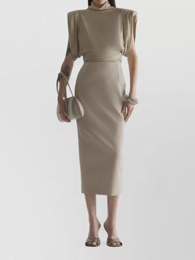 Mugler Brown High-neck Top With Structured Puff Sleeves In Neutral