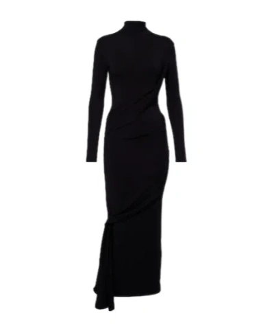 Mugler Draped Wool-blend Jersey Midi Dress In Black