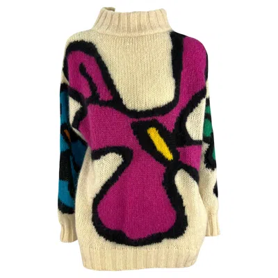 Pre-owned Mugler Early 1980s Thierry  Bright Abstract Floral Off-white Thick Knit Sweater In Sand