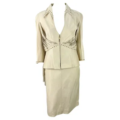 Pre-owned Mugler Early 2000s Thierry  Couture Studded Beige Leather Fringe Skirt Suit 44fr In Brown