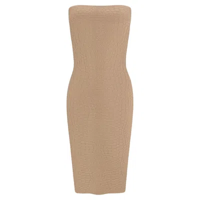 Pre-owned Mugler Early 2000s Thierry  Tan Stretch Knit Snakeskin Textured Tube Dress In Brown