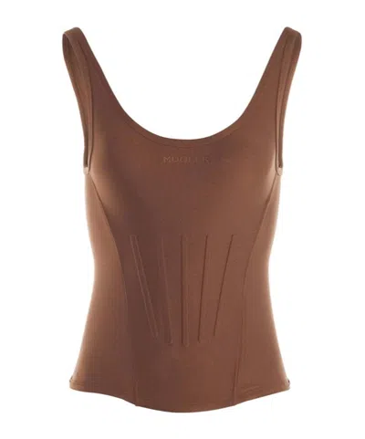 Mugler Embossed-logo Corset-style Top In Brown