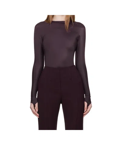Mugler Embossed-logo Long-sleeve Bodysuit In Burgundy
