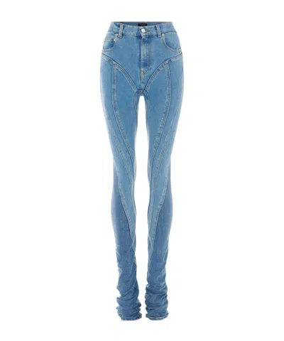 Mugler Embossed Patch Denim Trousers In Blue