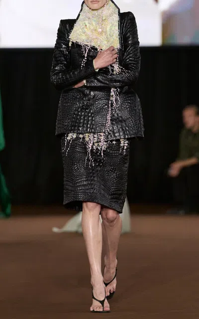 Mugler Embossed-croc Knee-length Skirt In Black