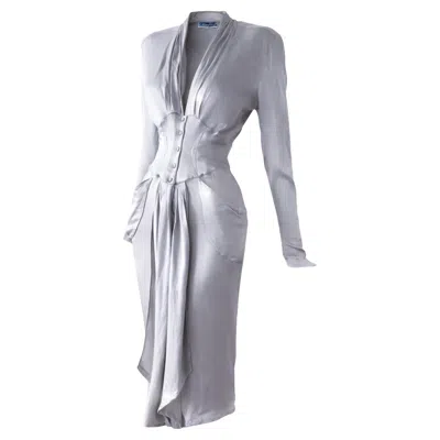 Pre-owned Mugler Epic Thierry  Fw1986 Silver Metallic Liquid Silky Goddess Dress Rare