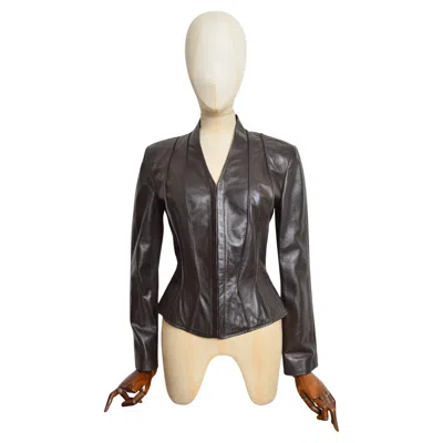 Pre-owned Mugler Exquisite Thierry  C.2000 Lamb Skin Leather Ebony Brown Wasp Waist Jacket In Black