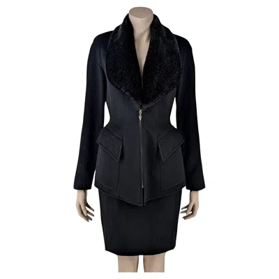 Pre-owned Mugler Faux Fur Collar Skirt Suit In Black