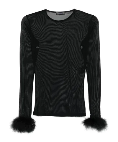 Mugler Feather-cuff Mesh Top In Black