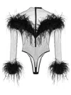 Mugler Feather-trim Mesh Bodysuit In Black