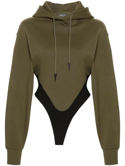 Mugler Fleece Hoodie Bodysuit In Green