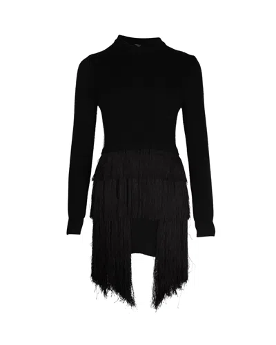 Mugler Fringed Mini Dress In Black Wool