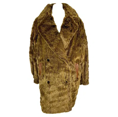 Pre-owned Mugler F/w 1983 Thierry  Faux Fur Brown Leather Trim Oversized Double Breast Coat
