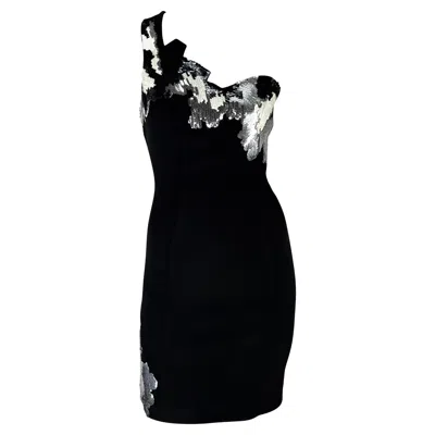 Pre-owned Mugler F/w 1989 Thierry  Black White Silver Sequin Asymmetric Jagged Edge Dress