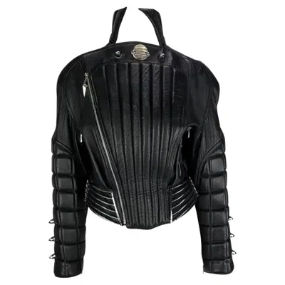 Pre-owned Mugler F/w 1989 Thierry  Hiver Buick Sculptural Chrome Grille Leather Moto Jacket In Black