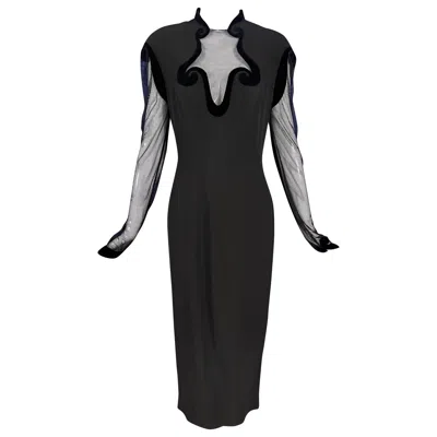 Pre-owned Mugler F/w 1993 Thierry  Black Velvet Sheer Mesh Cutout Gown