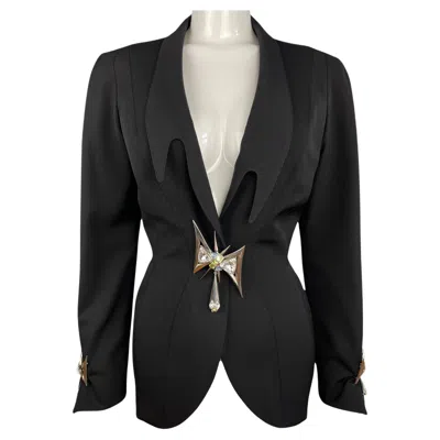 Pre-owned Mugler Fw 1994 Rhinestone Brooch Thierry  Bejewelled Jacket In Black
