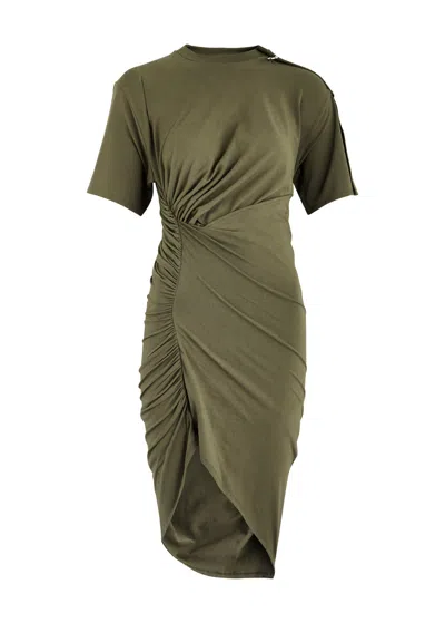 Mugler Gathered Asymmetric Stretch-cotton Mini Dress In Khaki