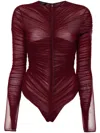 Mugler Gathered Semi-sheer Bodysuit In Red