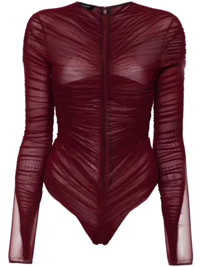Mugler Gathered Semi-sheer Bodysuit In Dark Red