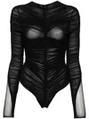 Mugler Gathered Semi-sheer Bodysuit In Black