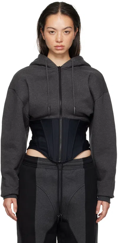 Mugler Grey Corseted Hoodie In B9298 Charcoal/black