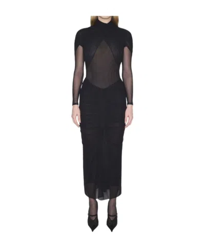 Mugler Halterneck Pleated Dress In Black