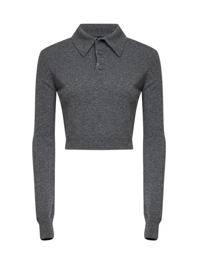 Mugler Heather Grey Cashmere Knit Cropped Polo Shirt