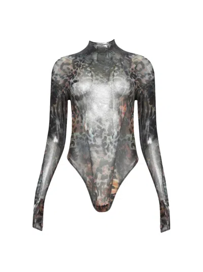 Mugler High-neck Printed Bodysuit With Mesh Design