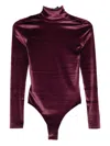 Mugler High-neck Velvet Bodysuit In Burgundy