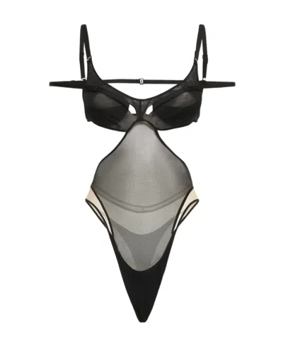Mugler Hollowed-out Gauze Bodysuit In Black