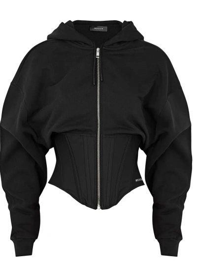 Mugler Hooded Cotton-blend Corset Sweatshirt In Black