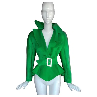Pre-owned Mugler Iconic "samantha Jones" Thierry  Ss 1988 Été Africain Silk Blouse In Green