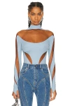 Mugler Illusion Cut Bodysuit In Light Blue & Nude 02