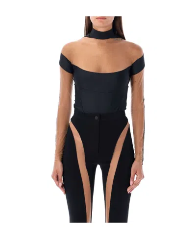 Mugler Illusion Logo-plaque Bodysuit In Black