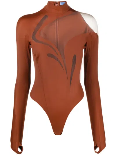 Mugler Swirl-detail Mesh-panneling Bodysuit In Brown
