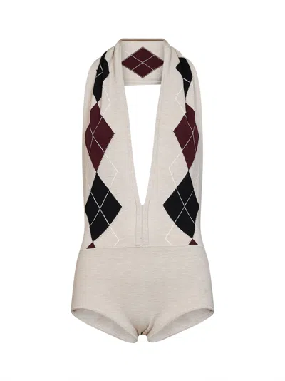 Mugler Intarsia Argyle Virgin Wool Bodysuit In Beige