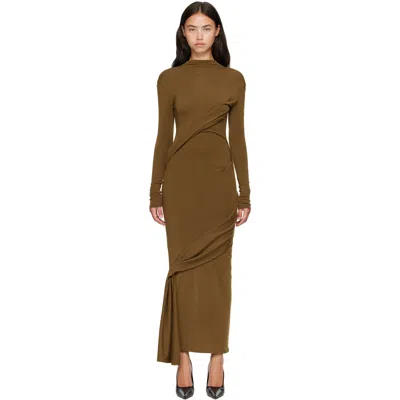 Mugler Khaki Draped Turtleneck Maxi Dress In Green