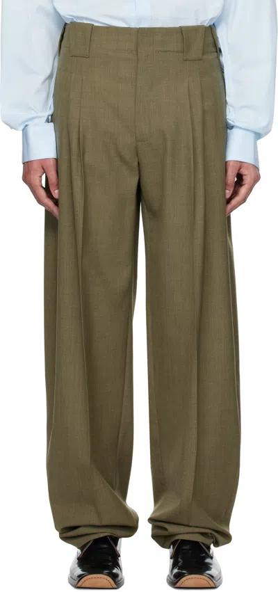Mugler Khaki Pleated Wide Leg Trousers In 5047