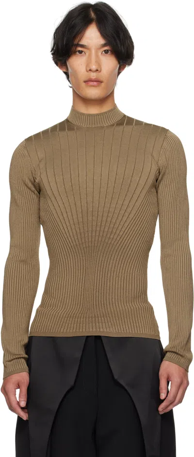 Mugler Khaki Sculpting Knit Sweater In Brown