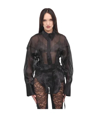 Mugler Lace-up Detailing Silk Shirt In Black