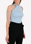 Mugler Lace-up One-shoulder Stretch Knit Top In Blue