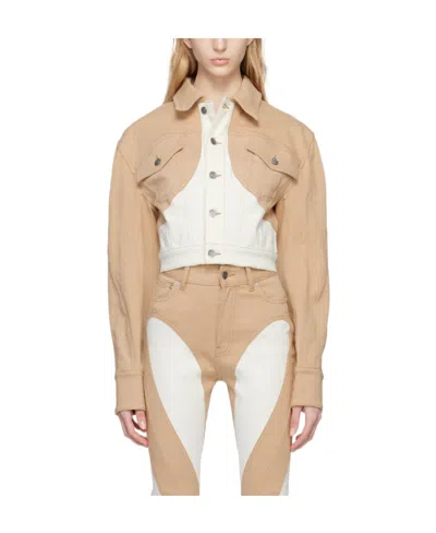 Mugler Lapel Long-sleeved Denim Jacket In Nude