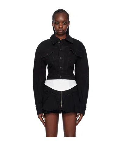 Mugler Lapel Short Denim Coat In Black