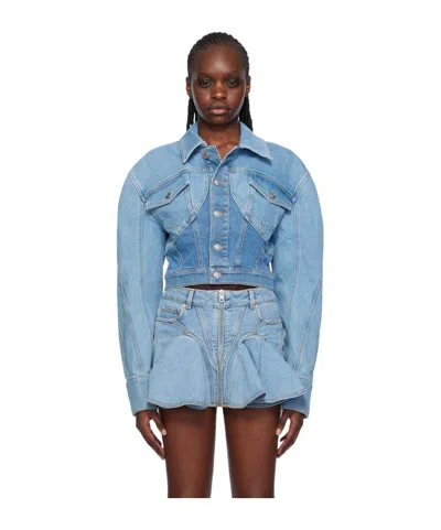 Mugler Lapel Short Denim Coat In Blue